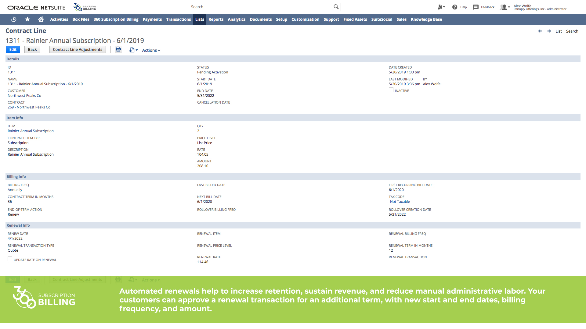 netsuite 360 subscription billing contract renewals