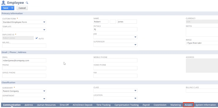 NetSuite employee record access tab