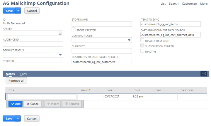 AG Mailchimp Configuration Record