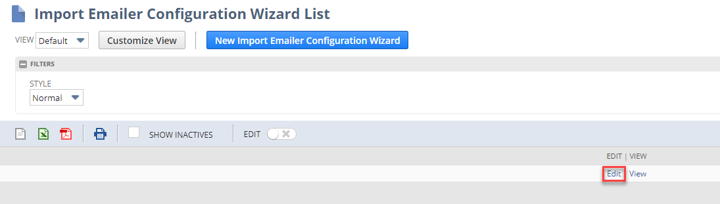 import emailer configuration wizard list showing edit button 