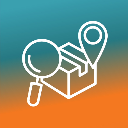 white outline of magnifying glass, package, location icon on blue/orange background