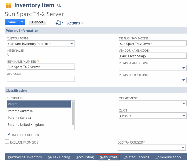 Item Record Webstore tab