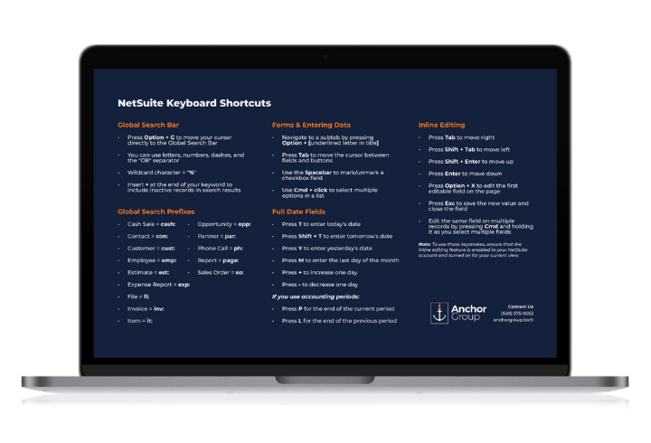 netsuite keystroke shortcuts