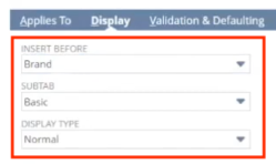 netsuite custom item field record display subtab options