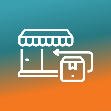 customer returns portal logo white package with arrow pointing to store over orange/blue gradient background