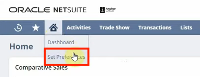 netsuite home set perferences personalized preferences navgation