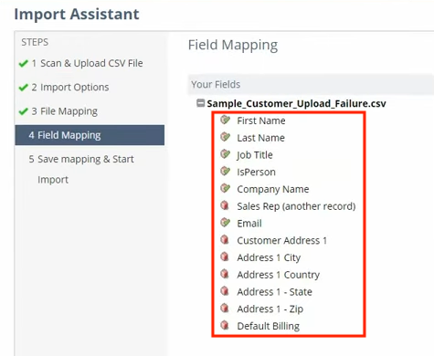 netsuite field mapping csv file fields