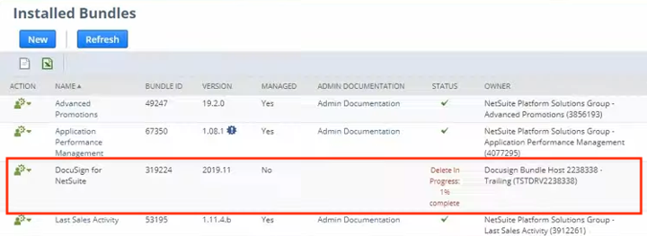 netsuite installed bundles dcsign bnudle status delete in progress