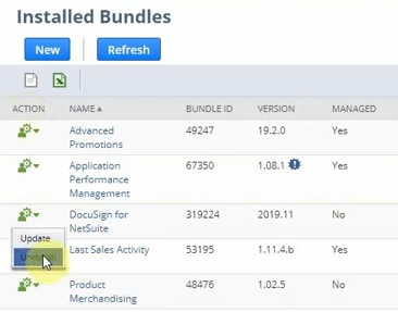 netsuite installed bundles list uninstall docusign bundle