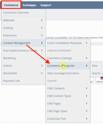 netsuite navigation commerce content management commerce categories