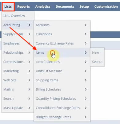 netsuite navigation lists accounting items