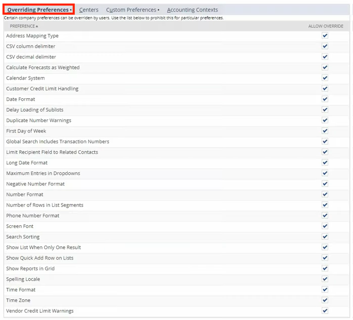 netsuite general preferences overriding preferences subtab