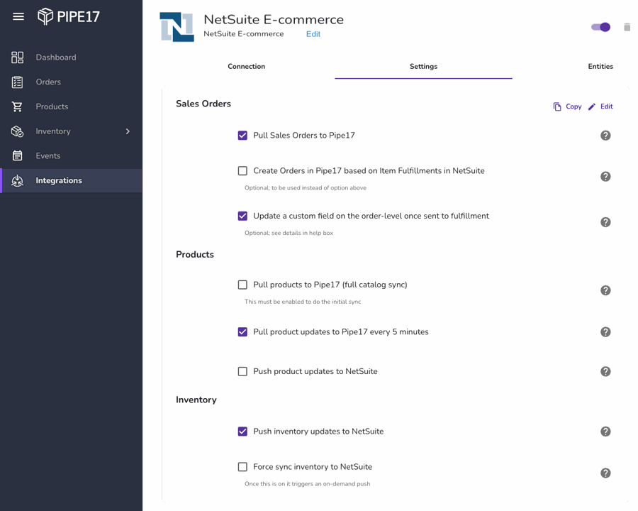 pipe17 NetSuite integration settings