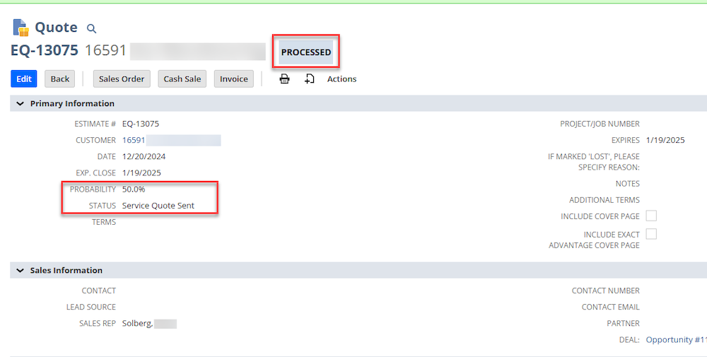 netsuite estimate status set to processed