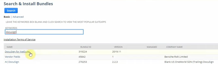 netsuite search and install bundles docusign