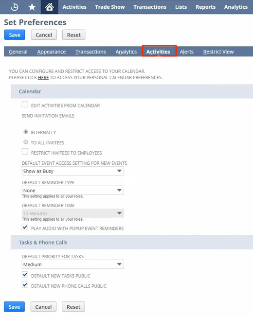 netsuite set preferences activities tab