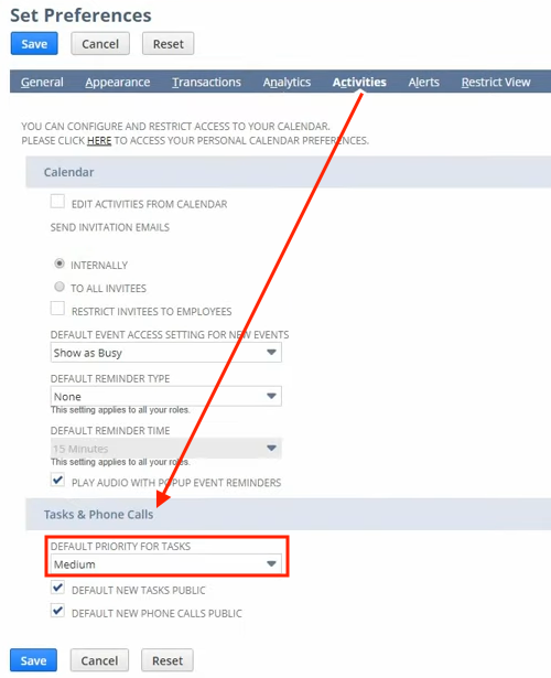 netsuite set preferences activities default task priority