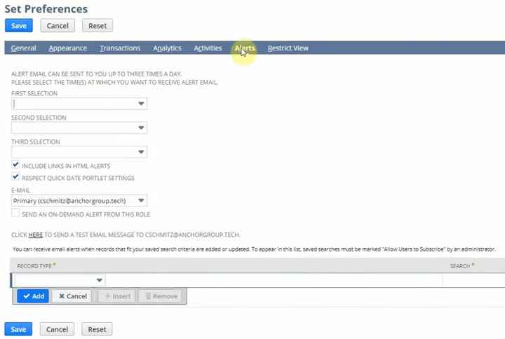 netsuite set preferences alerts tab