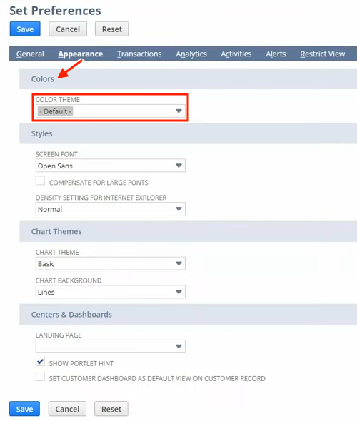 netsuite set preferences appearance color theme