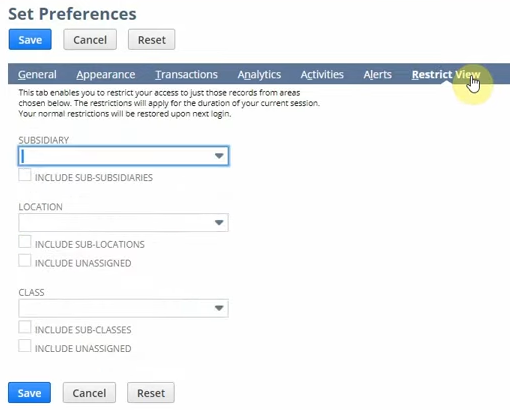 netsuite set preferences restrict view