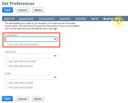 netsuite set preferences restrict view subsidiary