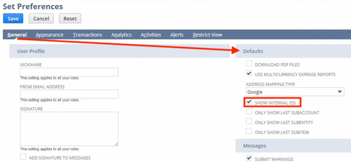 netsuite set preferences show internal ids