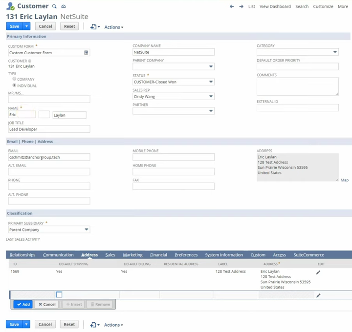 netsuit test customer record example