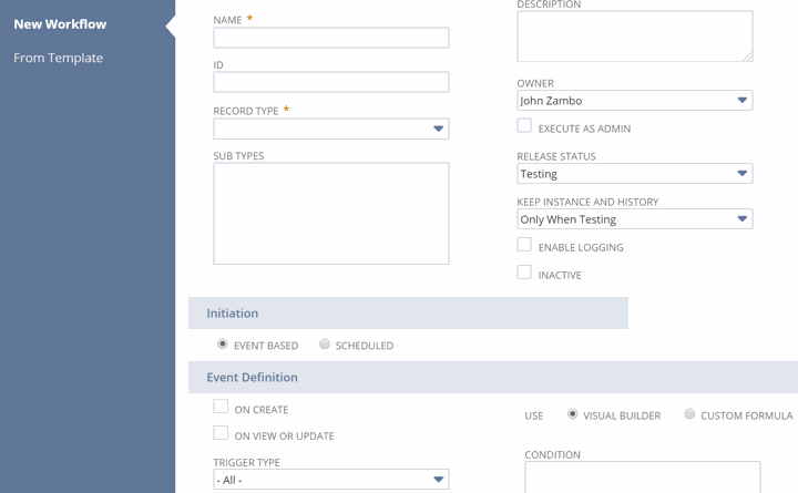 Create a new workflow with NetSuite