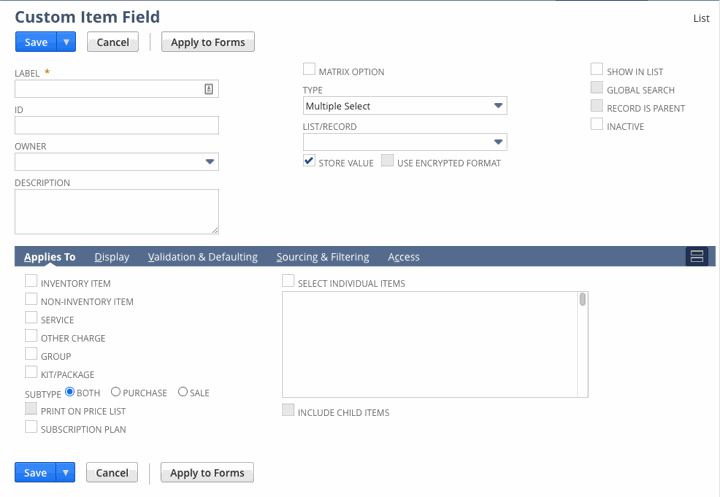 NetSuite Custom Item Field