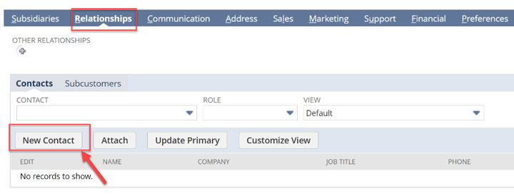 NetSuite Relationships New Contact