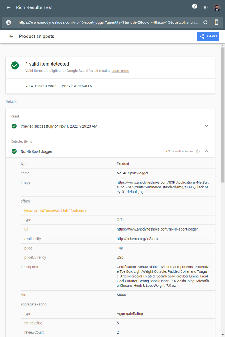 rich results testing tool matrix items on suitecommerce