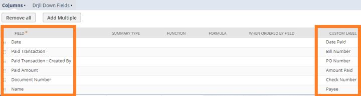 NetSuite Saved Search custom column labels