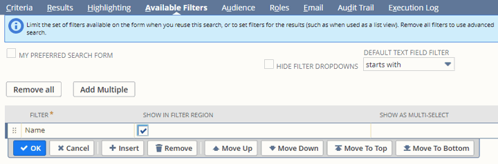 NetSuite Saved Search available filters