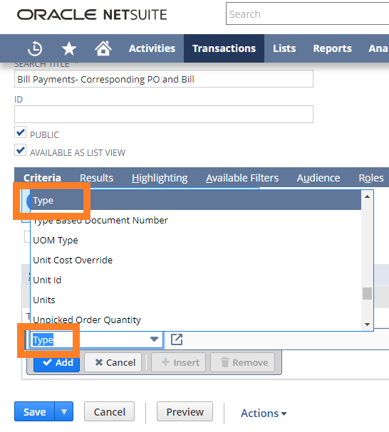 NetSuite Saved Search Criteria