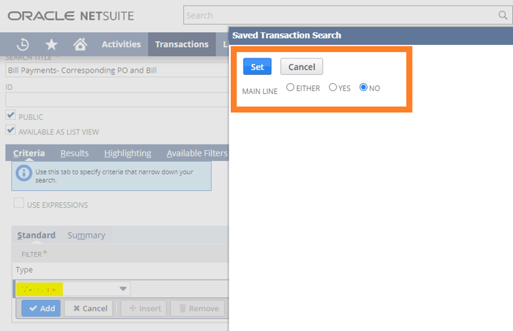 NetSuite Saved Search main line criteria