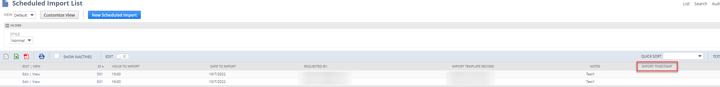 image shows list of scheduled imports that have been submitted to the NetSuite account.