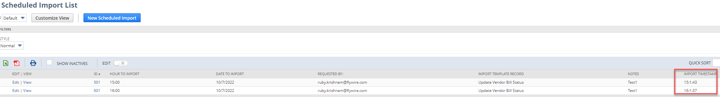 image shows list of scheduled imports with respective timestamps highlighted