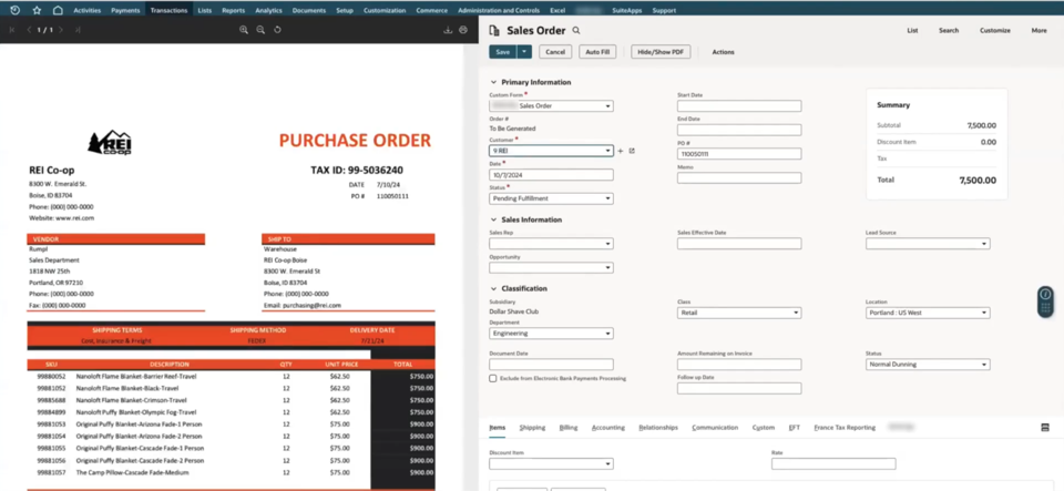 side by side view of customer porchase order and netsuite sales order