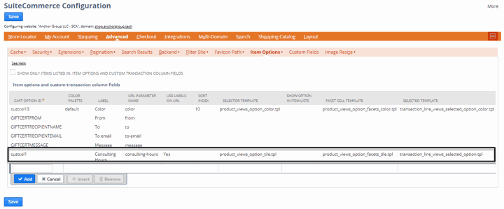suitecommerce configuration item options