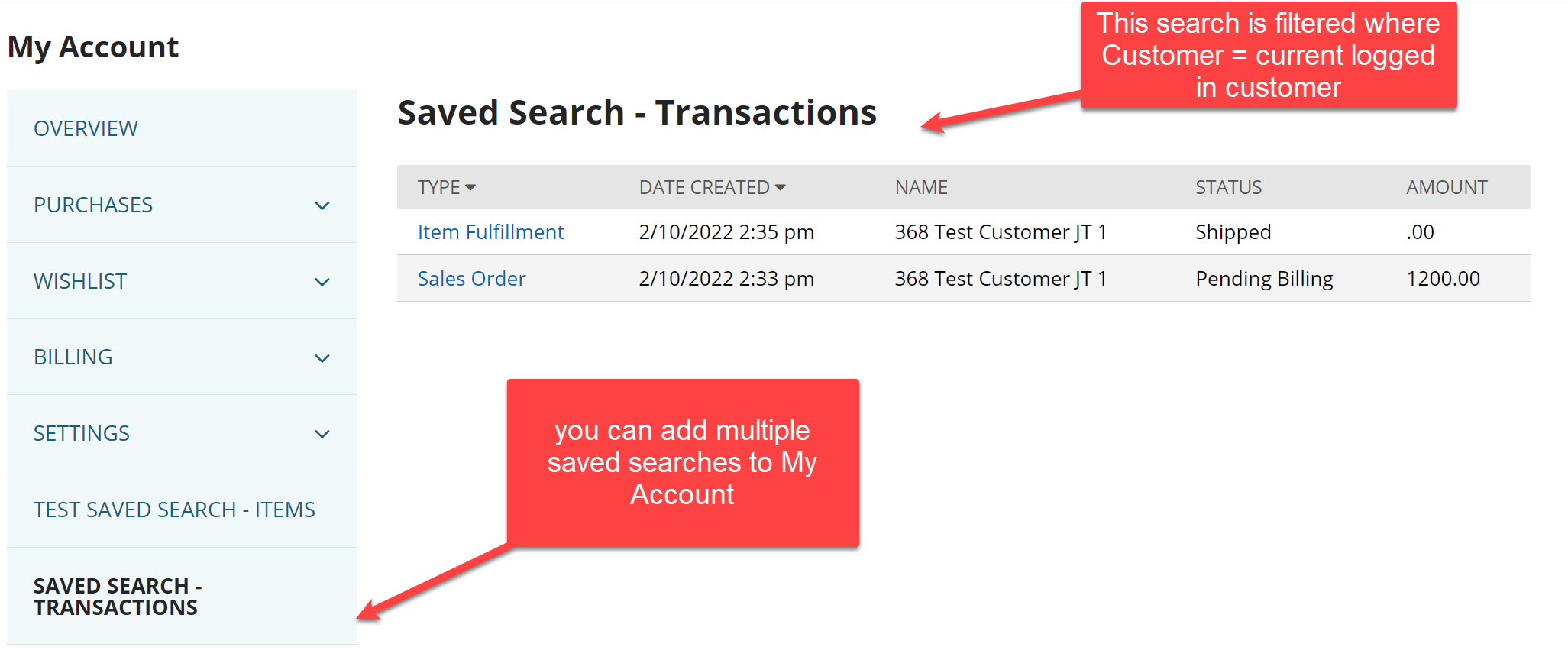 displayed searches in my account netsuite user interface screenshot