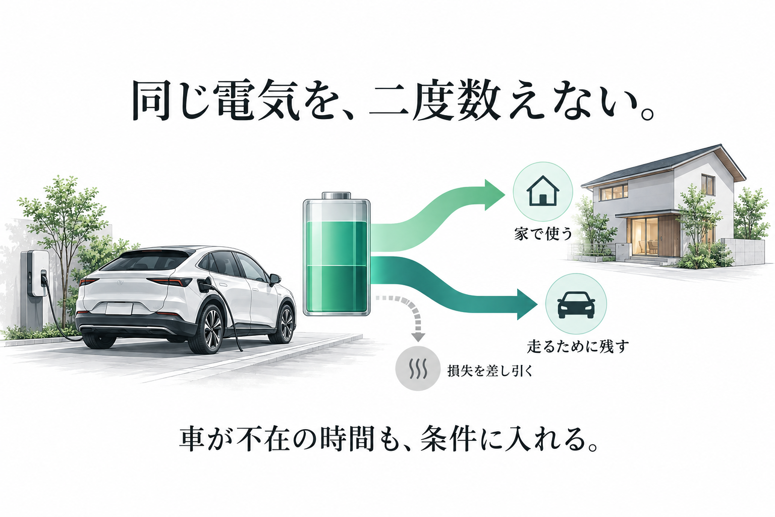 走るために残す電気と家で使う電気を分け、損失を差し引く