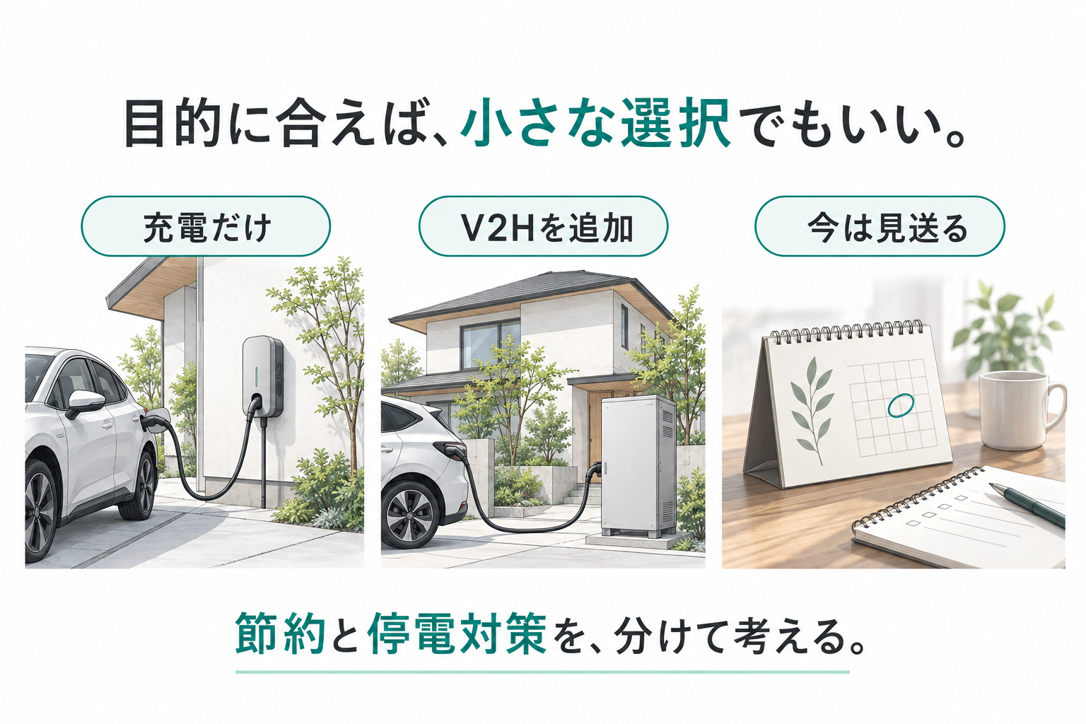 普通充電、V2H追加、今は見送る案を同じ重さで比較