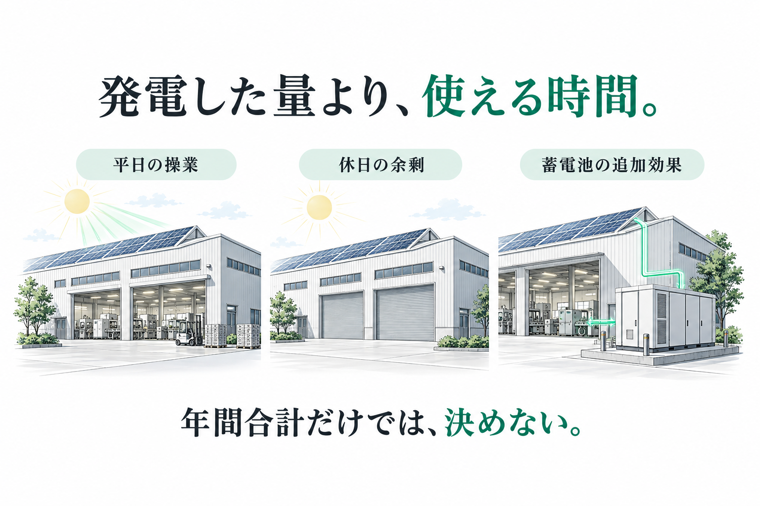 平日の操業、休日の余剰、蓄電池の追加効果を別々に確認