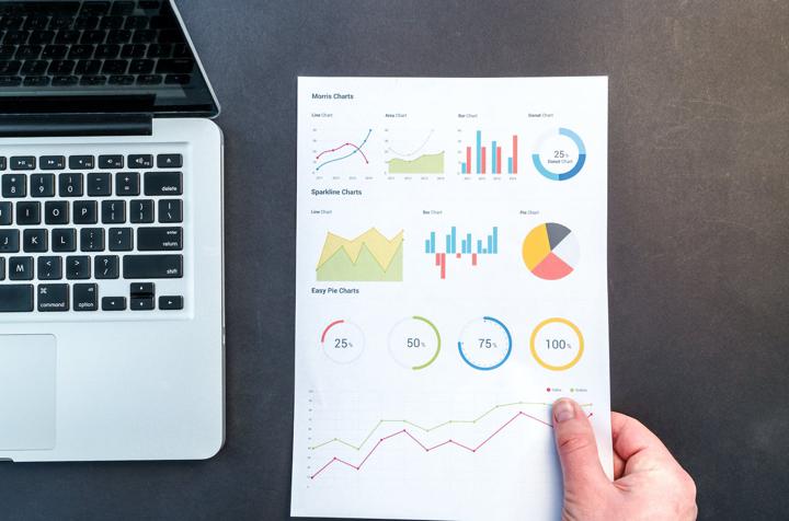 person holding chart and bar graphs