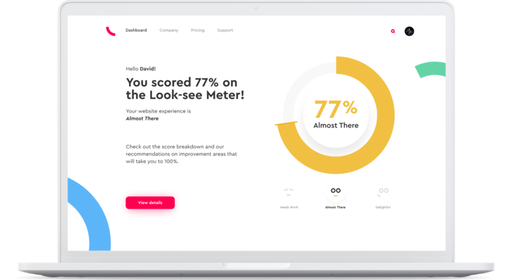 Look-see dashboard rendered on a laptop that shows introduction text describing that a 77% usability score is close to a delightful experience.