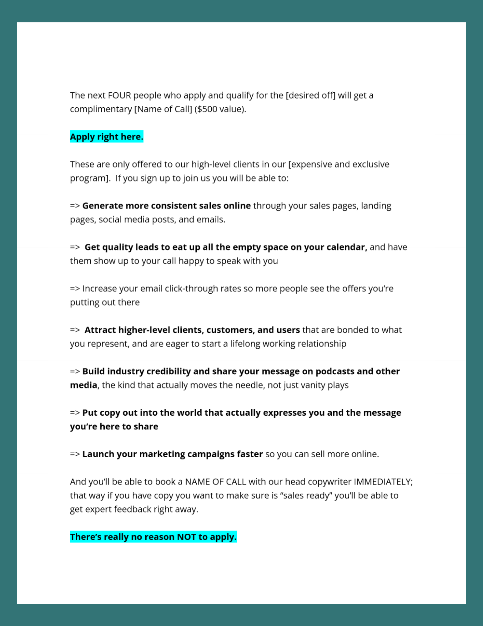 Email copywriting template.